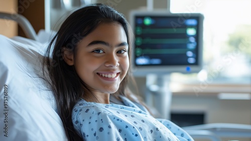 Pacific Islander Teenage Girl Smiling in Hospital Bed, Patient in Medical Care, Healthcare and Wellbeing Concept photo