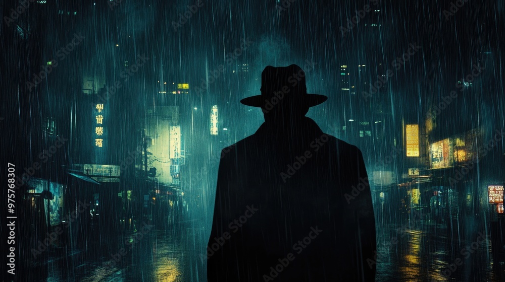 A lone man in a hat stands under heavy rain at night, his silhouette mysterious and dangerous, set against the backdrop of a dimly lit city. A lone man in a hat stands under heavy rain at night, his silhouette mysterious and dangerous, set against the backdrop of a dimly lit city.
