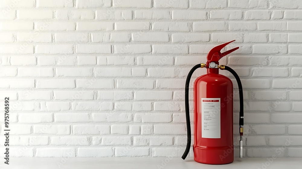 Red Fire Extinguisher Against White Brick Wall Red Fire Extinguisher Against White Brick Wall