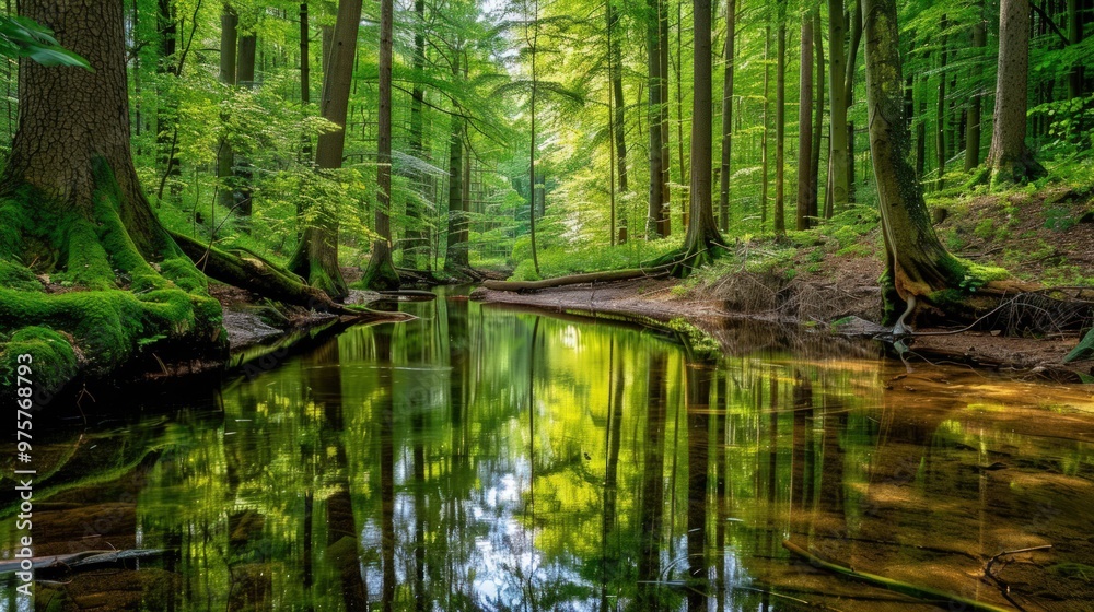 Serene Reflection in a Tranquil Forest Stream Serene Reflection in a Tranquil Forest Stream