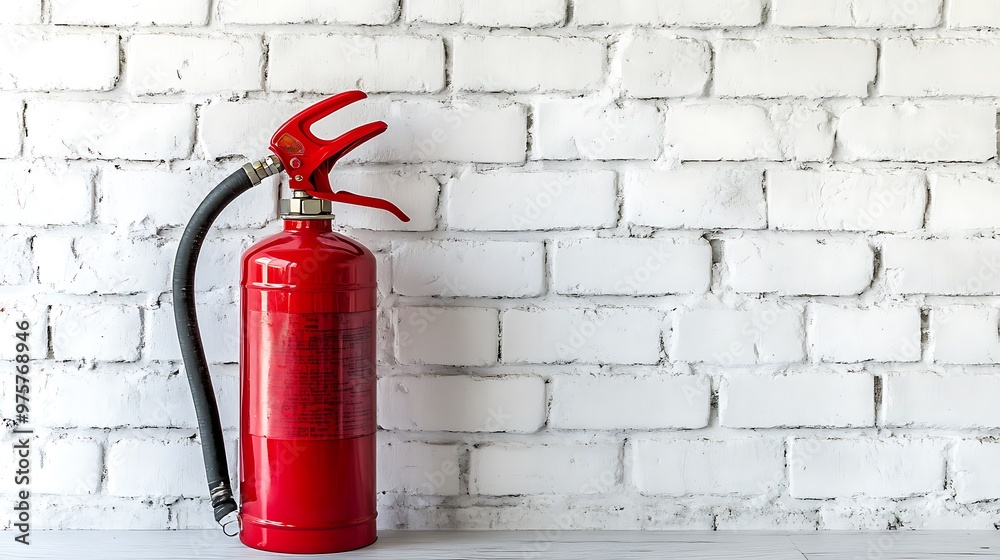 Naklejka premium Fire Extinguisher Against White Brick Wall