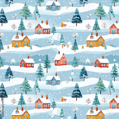 Delightful and Charming Winter Scene featuring Cozy Houses and Beautiful Snowy Trees