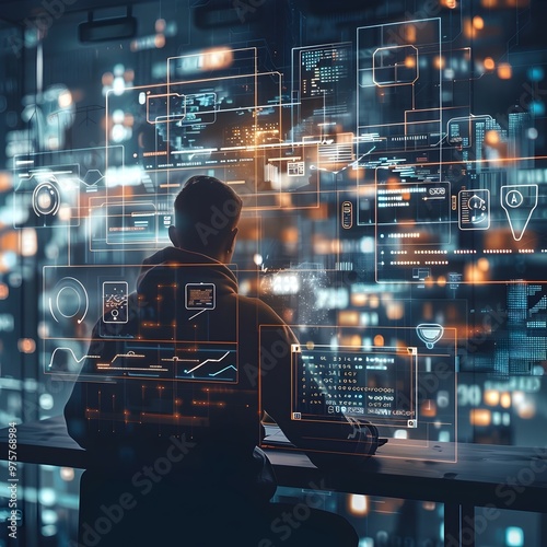 Wallpaper Mural Hacker Rapidly Typing Code Amid Cybersecurity Encryption and Virtual Firewall Symbols Torontodigital.ca