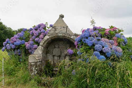 La Fontaine Saint-Côme et Saint-Damien, située dans la ville de Saint-Nic en Bretagne, est entourée de magnifiques hortensias en fleurs. photo