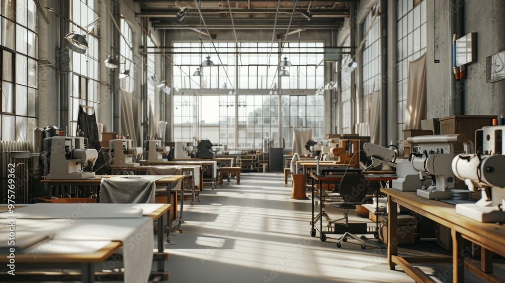 A large room with many sewing machines and tables A large room with many sewing machines and tables
