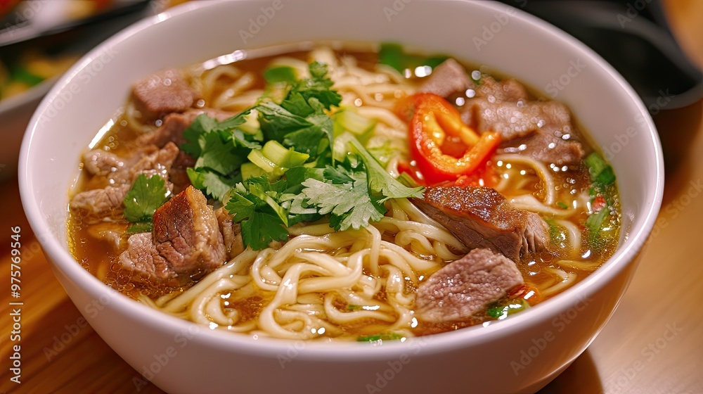 Authentic Asian noodle soup with rich flavors and tender meat, ideal for promoting hearty cuisine and traditional food recipes Authentic Asian noodle soup with rich flavors and tender meat, ideal for promoting hearty cuisine and traditional food recipes