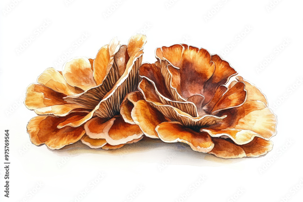 This watercolor painting depicts two edible mushrooms growing together, showcasing their intricate details and earthy tones This watercolor painting depicts two edible mushrooms growing together, showcasing their intricate details and earthy tones