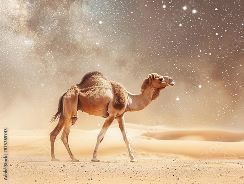 Single camel walking through a sandy desert with stars twinkling above photo