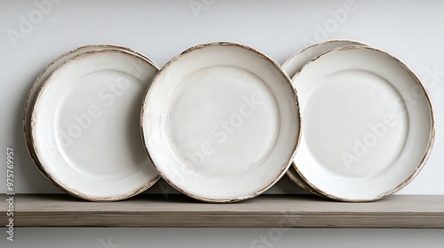 Rustic White Ceramic Plates on Wooden Shelf