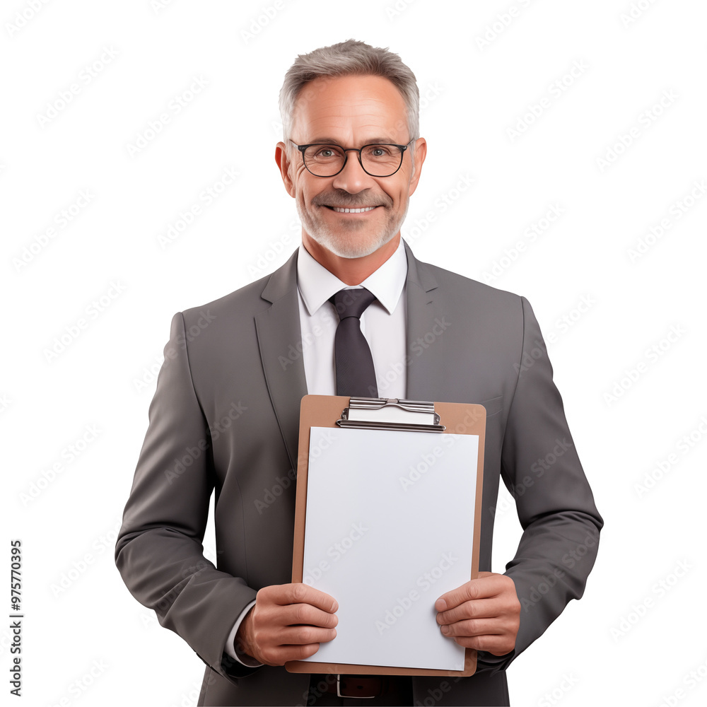 Smiling Businessman In Suit Holding A Clipboard With Blank Paper On Transparent Background Smiling Businessman In Suit Holding A Clipboard With Blank Paper On Transparent Background