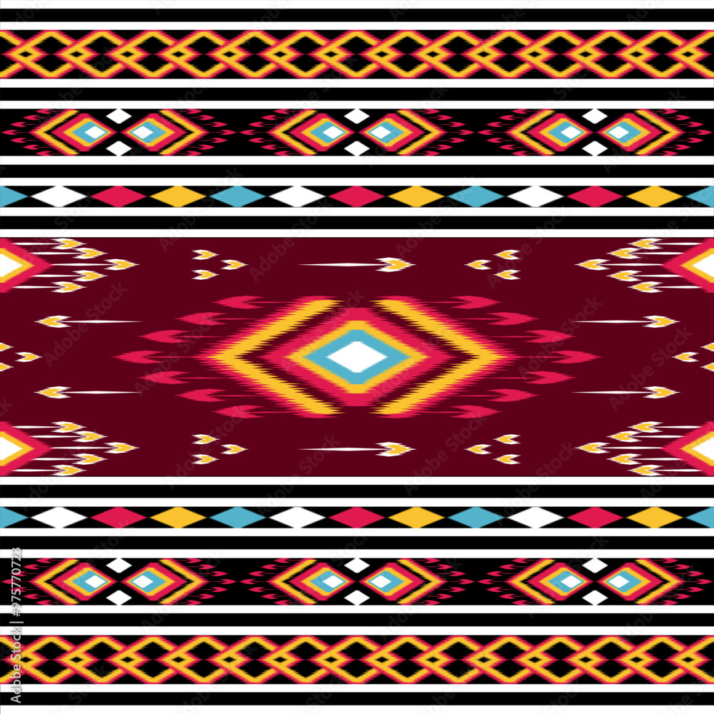 This vibrant ikat fabric pattern features traditional geometric designs. This seamless pattern is perfect for fabrics, wallpapers, and digital backgrounds, ethnic themed design projects, home decor This vibrant ikat fabric pattern features traditional geometric designs. This seamless pattern is perfect for fabrics, wallpapers, and digital backgrounds, ethnic themed design projects, home decor