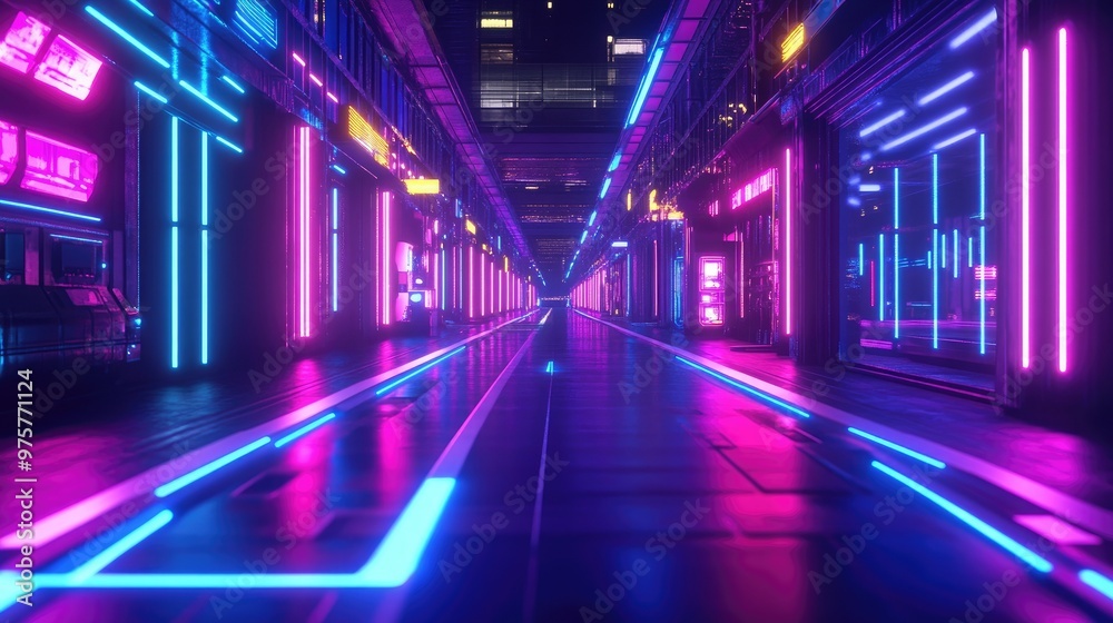 3D illustration of cyberpunk architecture with vibrant blue-purple neon lights illuminating an urban street. 3D illustration of cyberpunk architecture with vibrant blue-purple neon lights illuminating an urban street.