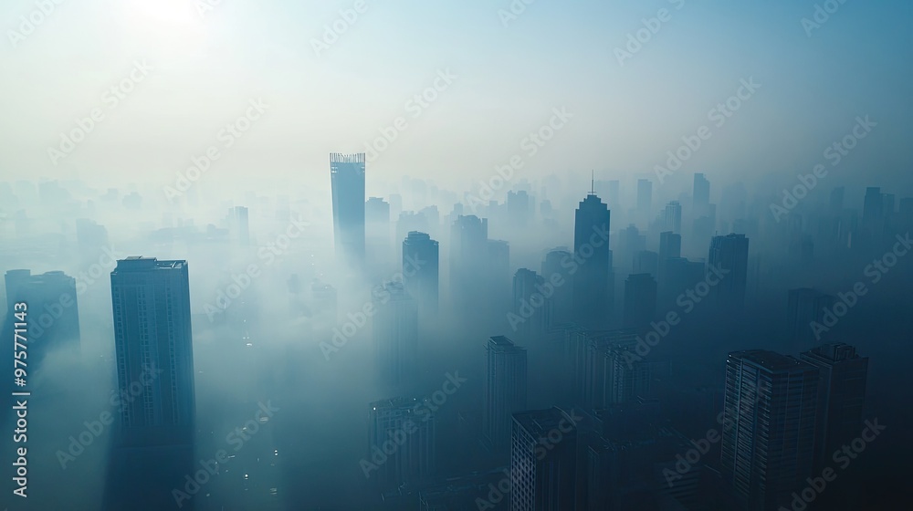 City skyline from above, with towering buildings barely visible through dense smog and pollution, affecting air quality. City skyline from above, with towering buildings barely visible through dense smog and pollution, affecting air quality.