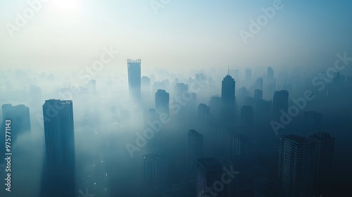 City skyline from above, with towering buildings barely visible through dense smog and pollution, affecting air quality.