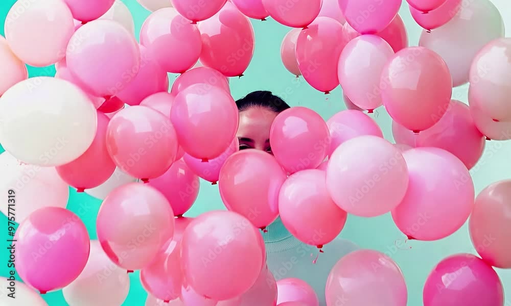 Pink party balloons happy person Pink party balloons happy person