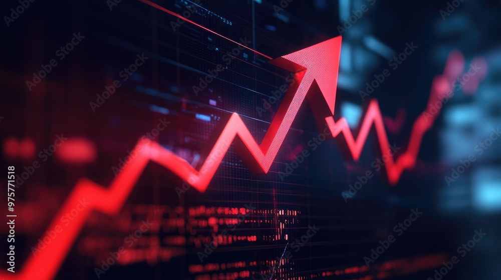 A bold red arrow pointing upward on a dark background, symbolizing economic and business growth with charts in the distance. A bold red arrow pointing upward on a dark background, symbolizing economic and business growth with charts in the distance.