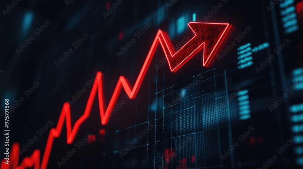 Naklejka premium A bold red arrow pointing upward on a dark background, symbolizing economic and business growth with charts in the distance.