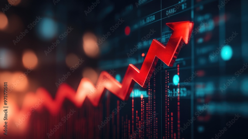 A bold red arrow pointing upward on a dark background, symbolizing economic and business growth with charts in the distance. A bold red arrow pointing upward on a dark background, symbolizing economic and business growth with charts in the distance.