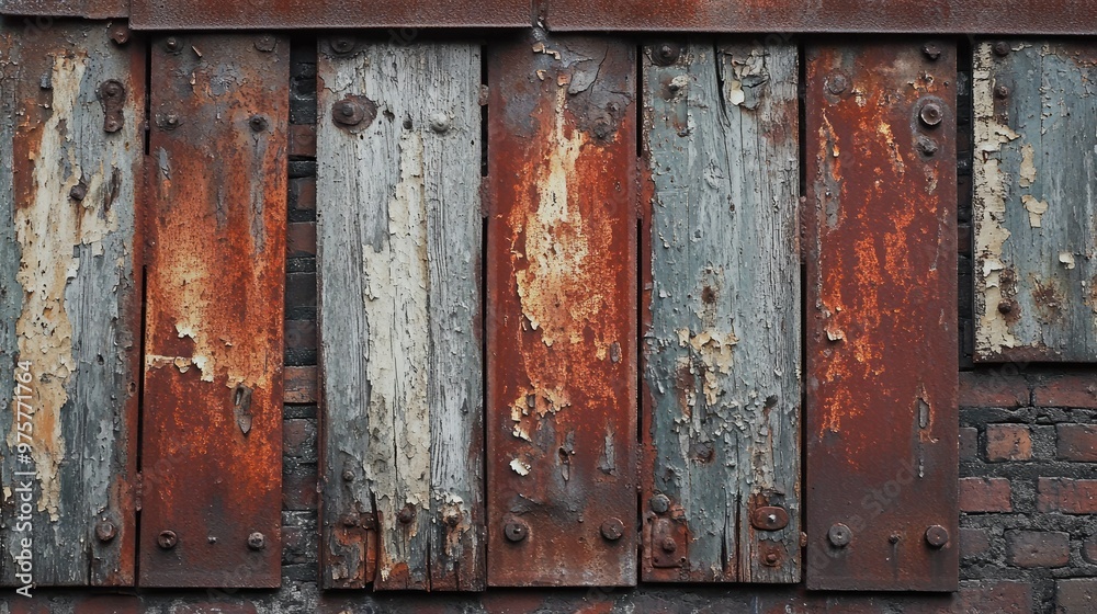 A close-up shot of rusty, weathered iron boards hanging on the side of an old brick building, with flaking paint and aged textures. A close-up shot of rusty, weathered iron boards hanging on the side of an old brick building, with flaking paint and aged textures.