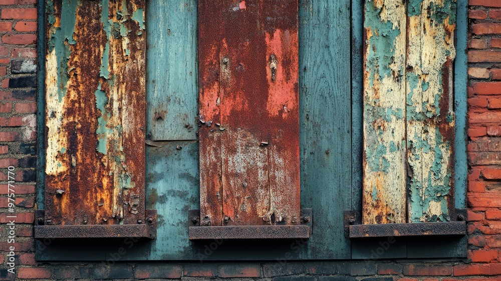 A close-up shot of rusty, weathered iron boards hanging on the side of an old brick building, with flaking paint and aged textures. A close-up shot of rusty, weathered iron boards hanging on the side of an old brick building, with flaking paint and aged textures.