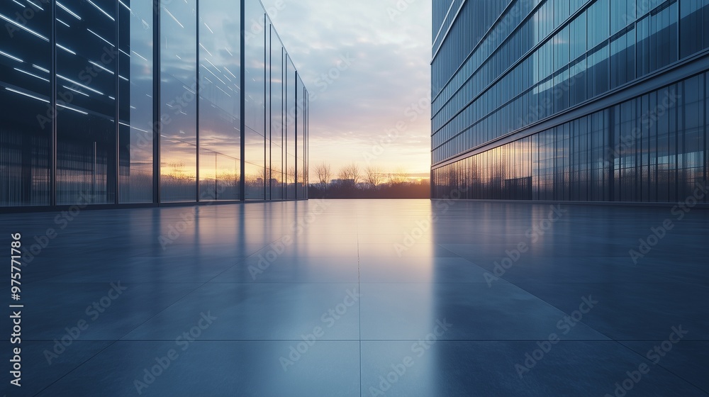 Blue tone cement floor with steel and glass modern futuristic building exterior Blue tone cement floor with steel and glass modern futuristic building exterior