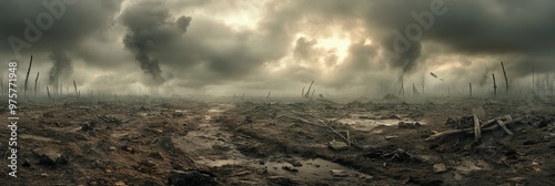 A desolate battlefield encircles, with trenches and debris scattered across the cracked earth. photo