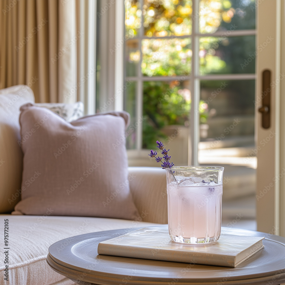 Lavender lemonade on cozy sofa with garden view Lavender lemonade on cozy sofa with garden view