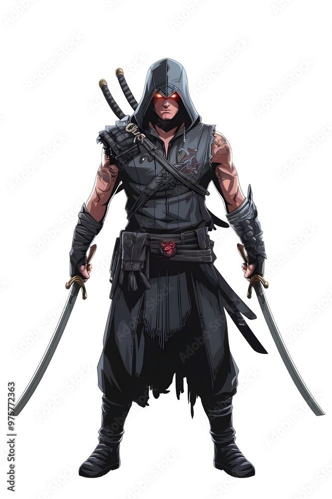 An illustration of an Assassin with two swords standing in a white background. The Assassin has a hood and wears a dark outfit. An illustration of an Assassin with two swords standing in a white background. The Assassin has a hood and wears a dark outfit.