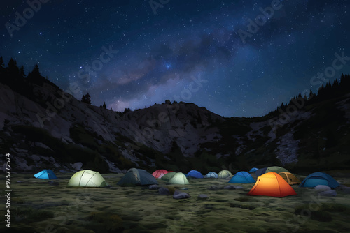 Nighttime camping adventure in illuminated mountain range and tents in a field with the word