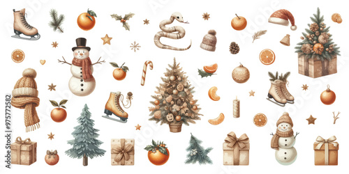 Merry Christmas watercolor set of traditional decor and elements. Elements of a Christmas mood on a white background.
