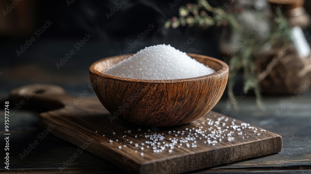 A wooden bowl of sugar on a textured wooden board, contrasted by a dark, moody background. A wooden bowl of sugar on a textured wooden board, contrasted by a dark, moody background.