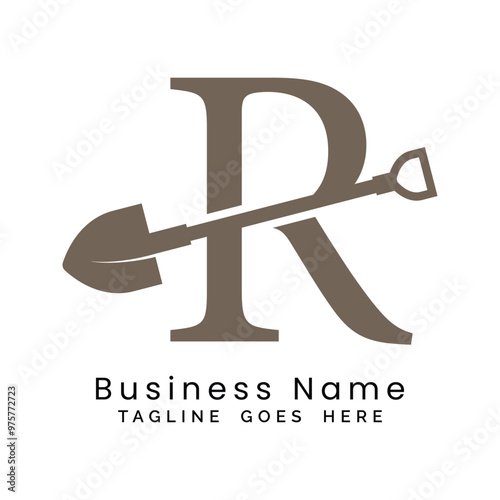 Letter R shovel logo design. Alphabet R construction icon
