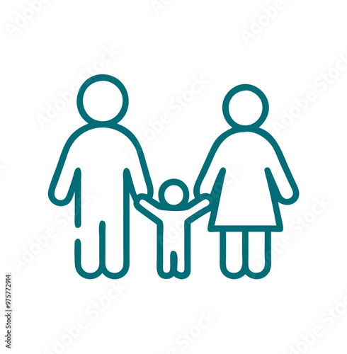 Family icon with parents and child, simple line art, teal color, isolated on white