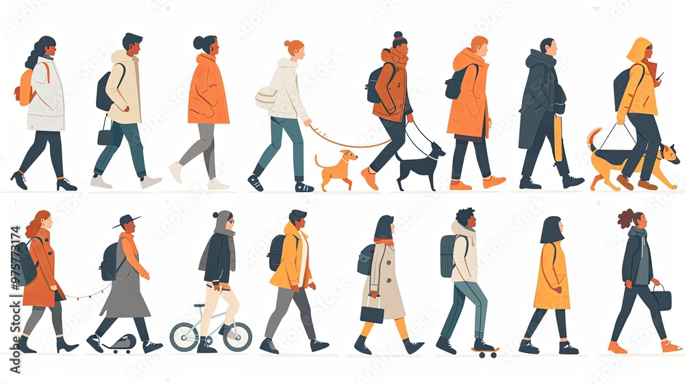 Fototapeta premium Crowd of people performing summer outdoor activities - walking dogs, riding bicycle, skateboarding. Group of male and female flat cartoon characters isolated on white background. Vector illustration