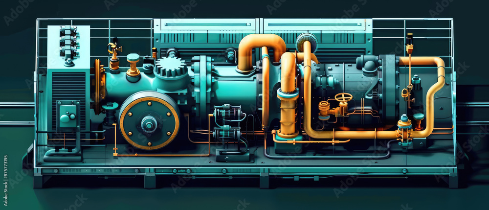 Flat design side view animation of hydraulic compressor mechanism with ...