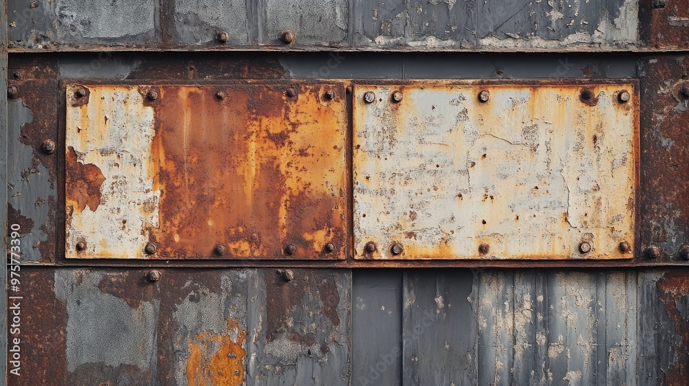 Aged iron boards with rust stains and rough textures attached to an abandoned building with cracked, weather-beaten walls. Aged iron boards with rust stains and rough textures attached to an abandoned building with cracked, weather-beaten walls.