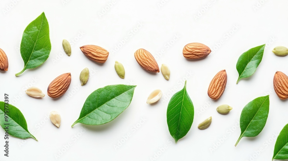 Almond seeds with green leaves, isolated on a white background in a minimalist close-up shot. Almond seeds with green leaves, isolated on a white background in a minimalist close-up shot.