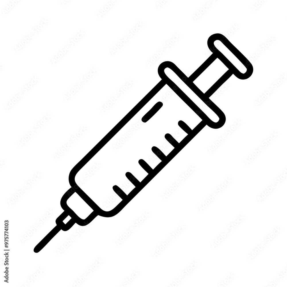 Syringe icon, simple black line art, isolated on white, medical injection concept Syringe icon, simple black line art, isolated on white, medical injection concept