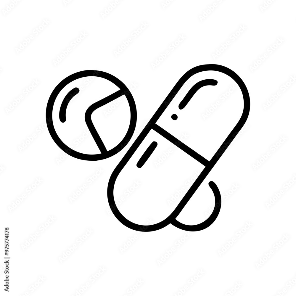 Pill and tablet icon, simple black line art, isolated on white, medical treatment concept Pill and tablet icon, simple black line art, isolated on white, medical treatment concept