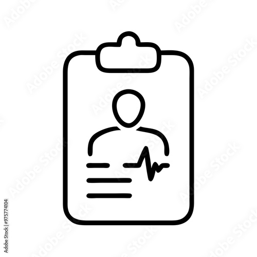 Medical clipboard icon, simple black line art, isolated on white, health record concept