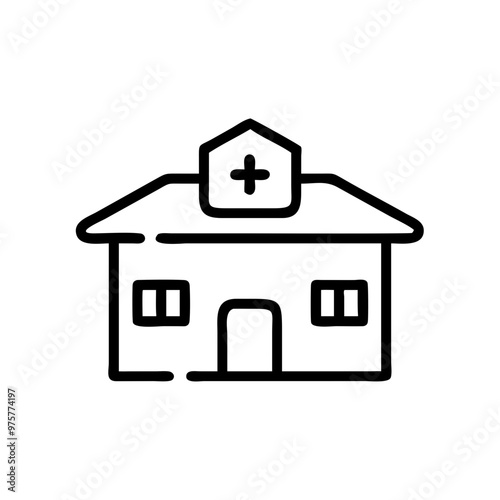 Hospital building icon, simple black line art, isolated on white, healthcare facility