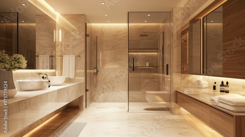 Bright luxury marble bathroom with wooden accents, elegant sink, and a large glass shower. Soft lighting emphasizes clean lines and serene atmosphere.