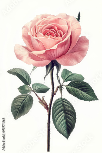 Vintage scientific illustration of a pink rose blooming on a thorny stem