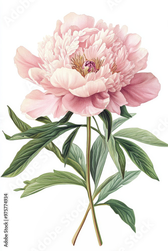 Fototapeta Naklejka Na Ścianę i Meble -  Vintage botanical illustration featuring a single pink peony in bloom with green leaves, isolated on white background
