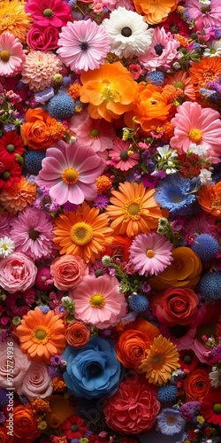 Vibrant arrangement of colorful flowers in various shapes and sizes.