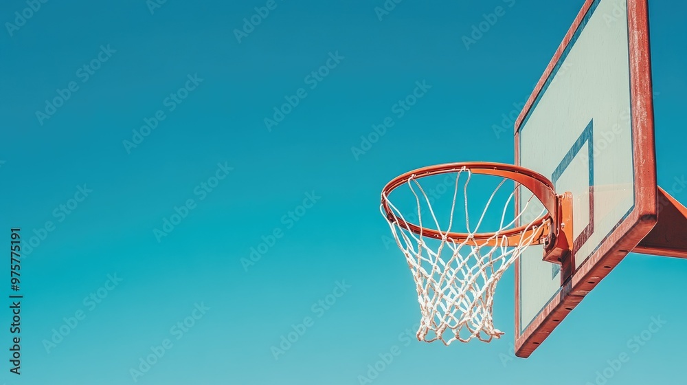 Close-up of a basketball backboard and hoop with a clear, vibrant blue sky background. Close-up of a basketball backboard and hoop with a clear, vibrant blue sky background.
