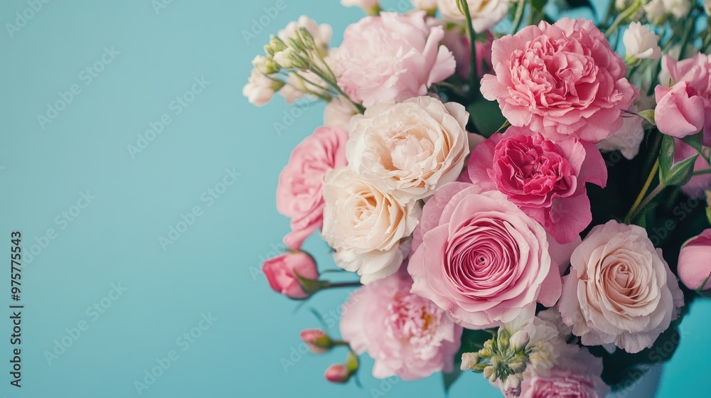 Close-up of a pink flower bouquet set against a solid blue background, highlighting the soft textures and shades of pink. Close-up of a pink flower bouquet set against a solid blue background, highlighting the soft textures and shades of pink.