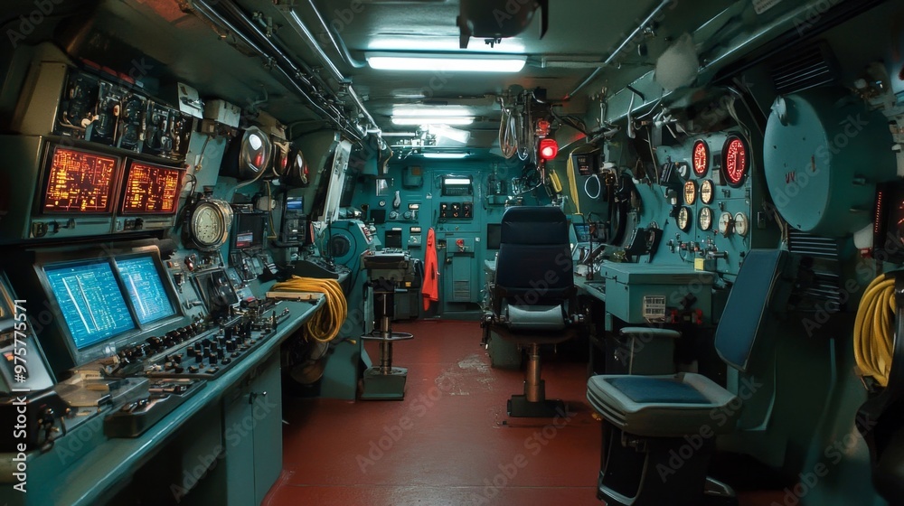 Naklejka premium Submarine Command Center with Advanced Navigation Equipment and Control Panels in Military Vessel Interior
