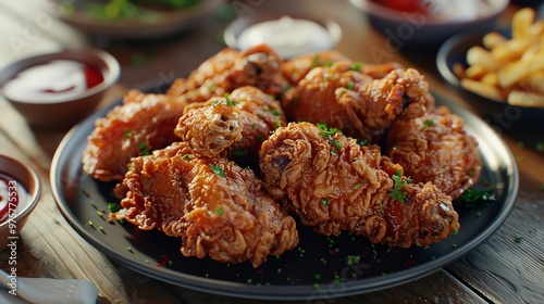 A plate of fried chicken with dipping sauce