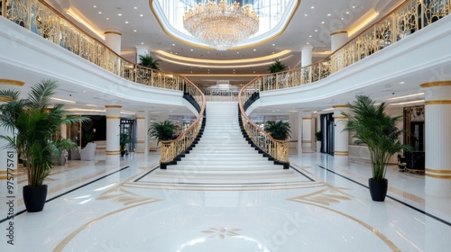 Luxurious Grand Hotel Lobby with Elegant Staircase and Chandelier for Sophisticated Interior Design Concepts